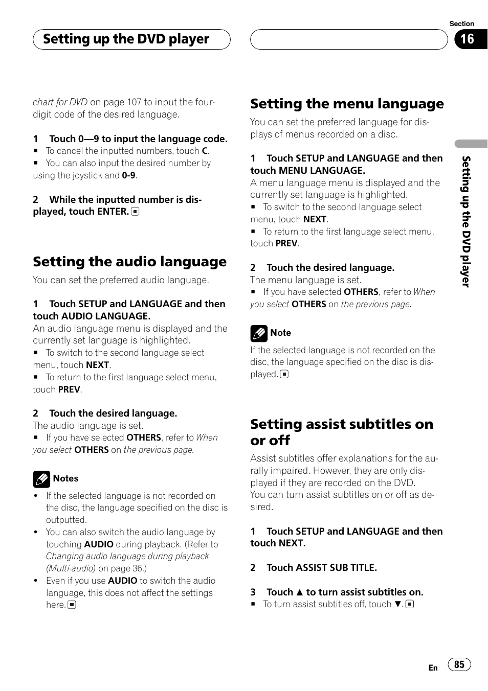 Setting the audio language, Setting the menu language, Setting assist subtitles on or off | Setting up the dvd player | Pioneer AVH-P6600DVD User Manual | Page 85 / 114
