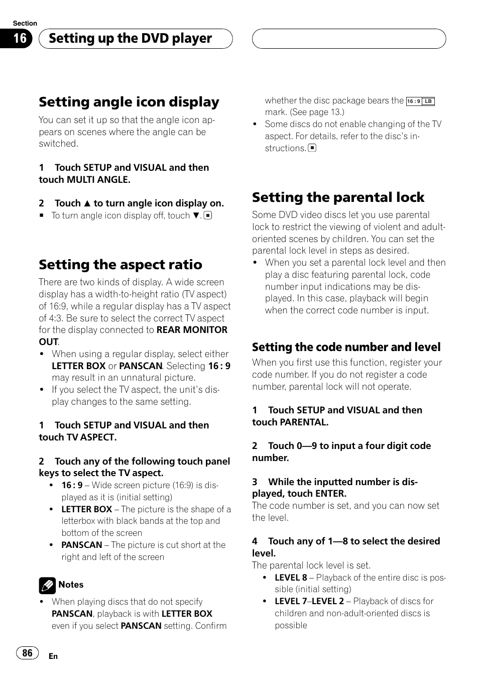 Setting angle icon display, Setting the aspect ratio, Setting the parentallock | Setting up the dvd player, Setting the code number and level | Pioneer AVH-P6600DVD User Manual | Page 86 / 114