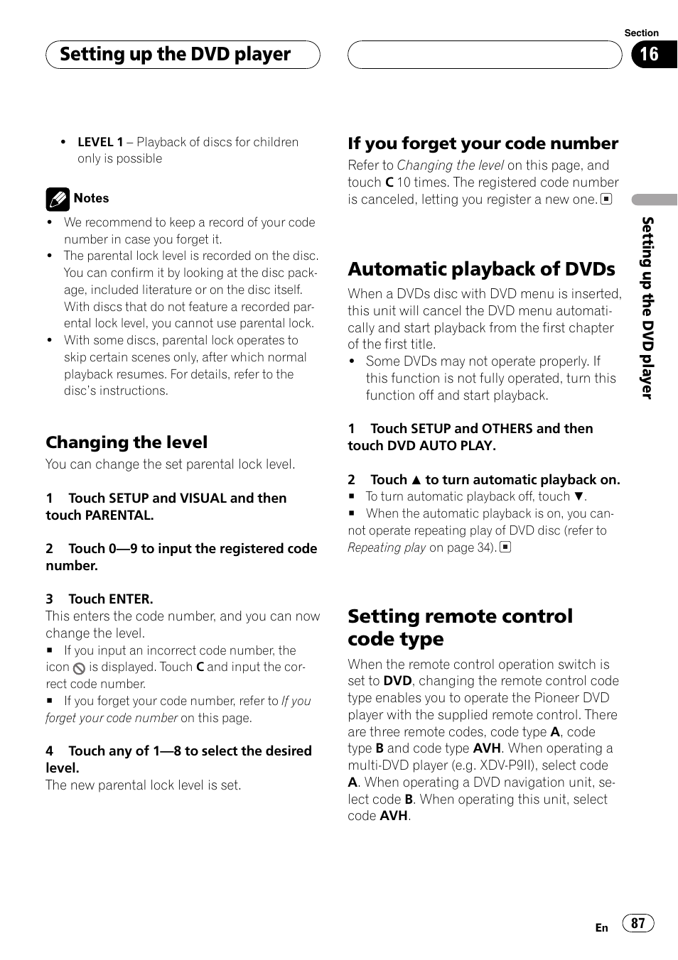 Setting remote, Automatic playback of dvds, Setting remote control code type | Setting up the dvd player | Pioneer AVH-P6600DVD User Manual | Page 87 / 114