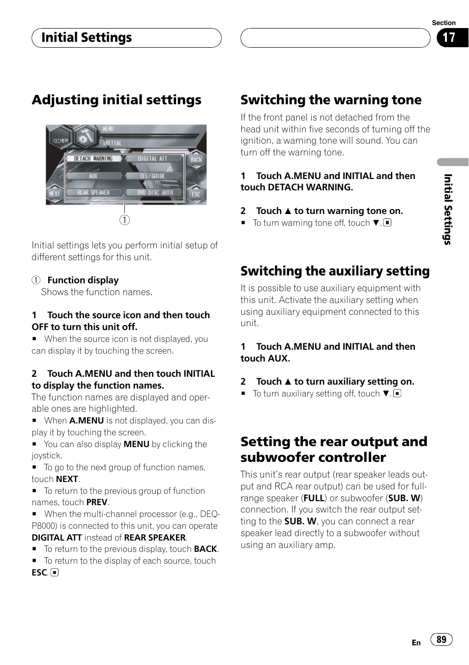 Controller 89, Adjusting initialsettings, Switching the warning tone | Switching the auxiliary setting, Setting the rear output and subwoofer controller, Initialsettings | Pioneer AVH-P6600DVD User Manual | Page 89 / 114