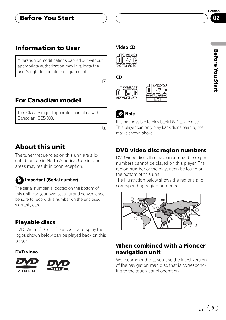 Playable discs 9, Dvd video disc region numbers 9, Information to user | For canadian model, About this unit, Before you start | Pioneer AVH-P6600DVD User Manual | Page 9 / 114