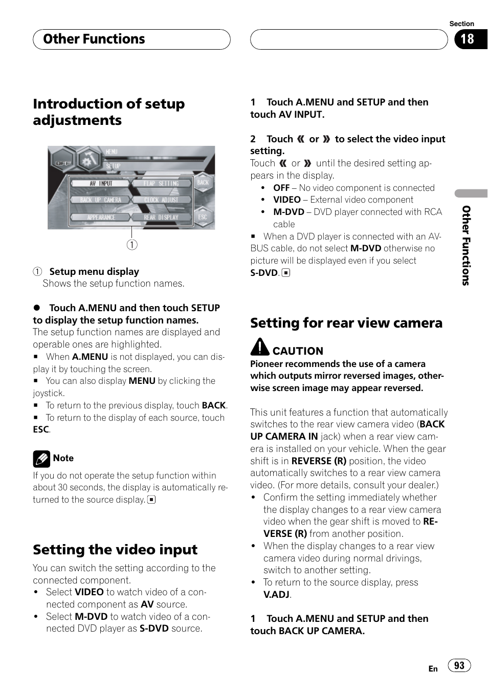 Introduction of setup adjustments, Setting the video input, Setting for rear view camera | Other functions | Pioneer AVH-P6600DVD User Manual | Page 93 / 114