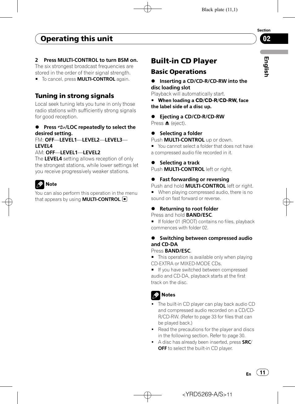 Tuning in strong signals 11, Built-in cd player, Basic operations 11 | Operating this unit, Tuning in strong signals, Basic operations | Pioneer Super Tuner III D DEH-3100UB User Manual | Page 11 / 112