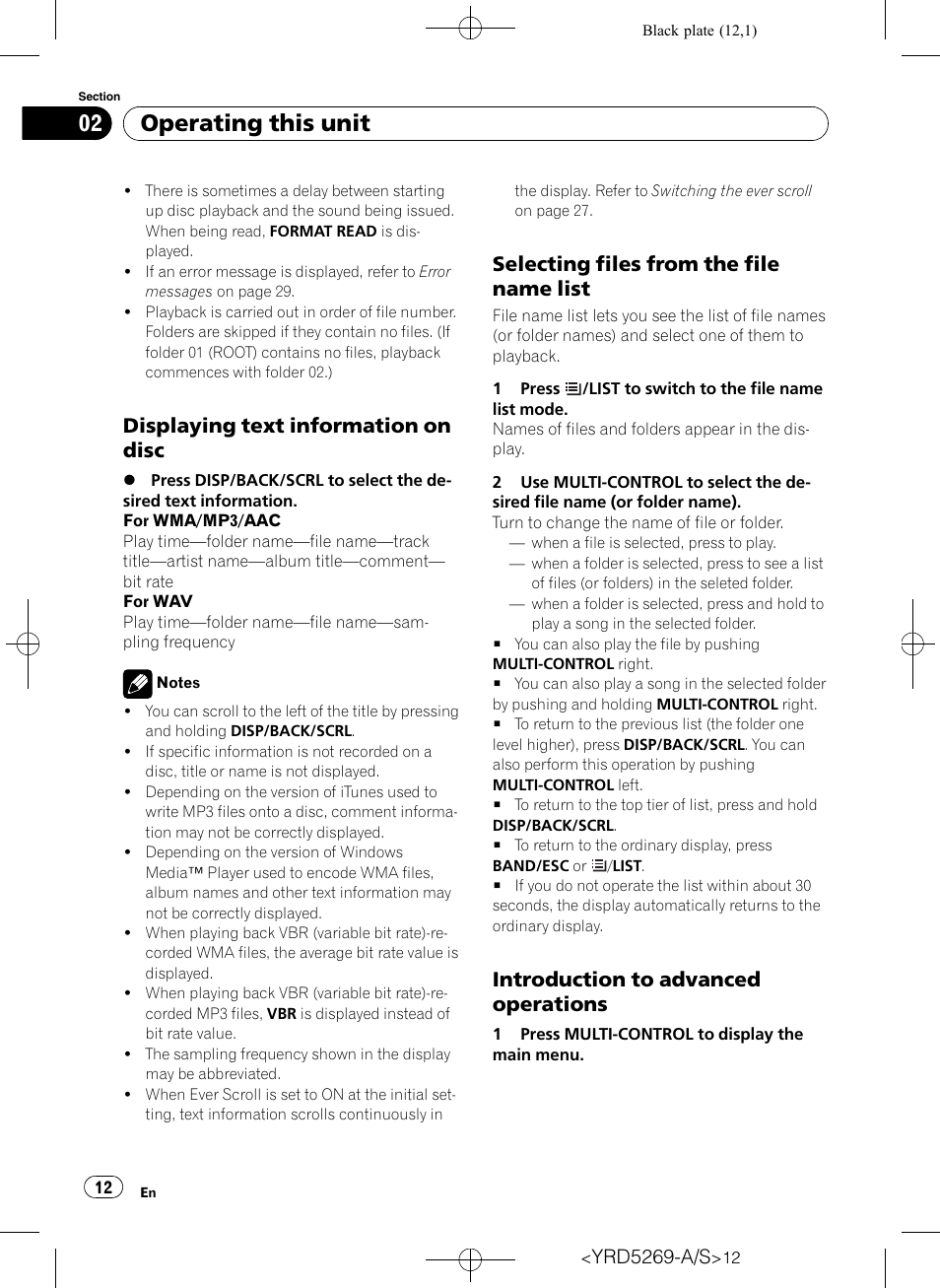 Displaying text information on disc 12, Selecting files from the file name, List | Introduction to advanced, Operations, Operating this unit, Displaying text information on disc, Selecting files from the file name list, Introduction to advanced operations | Pioneer Super Tuner III D DEH-3100UB User Manual | Page 12 / 112