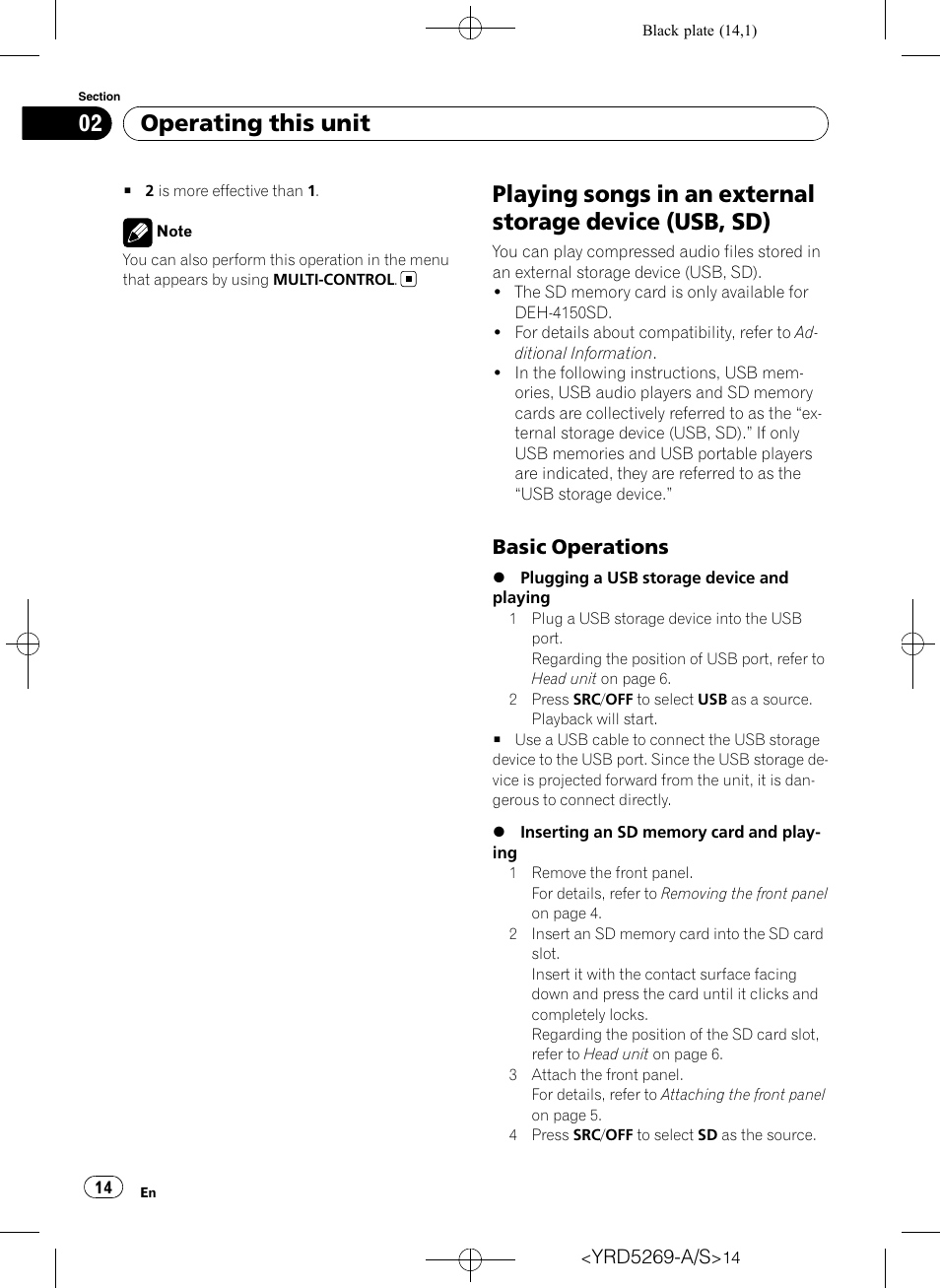 Playing songs in an external storage device, Usb, sd), Basic operations 14 | Operating this unit, Basic operations | Pioneer Super Tuner III D DEH-3100UB User Manual | Page 14 / 112