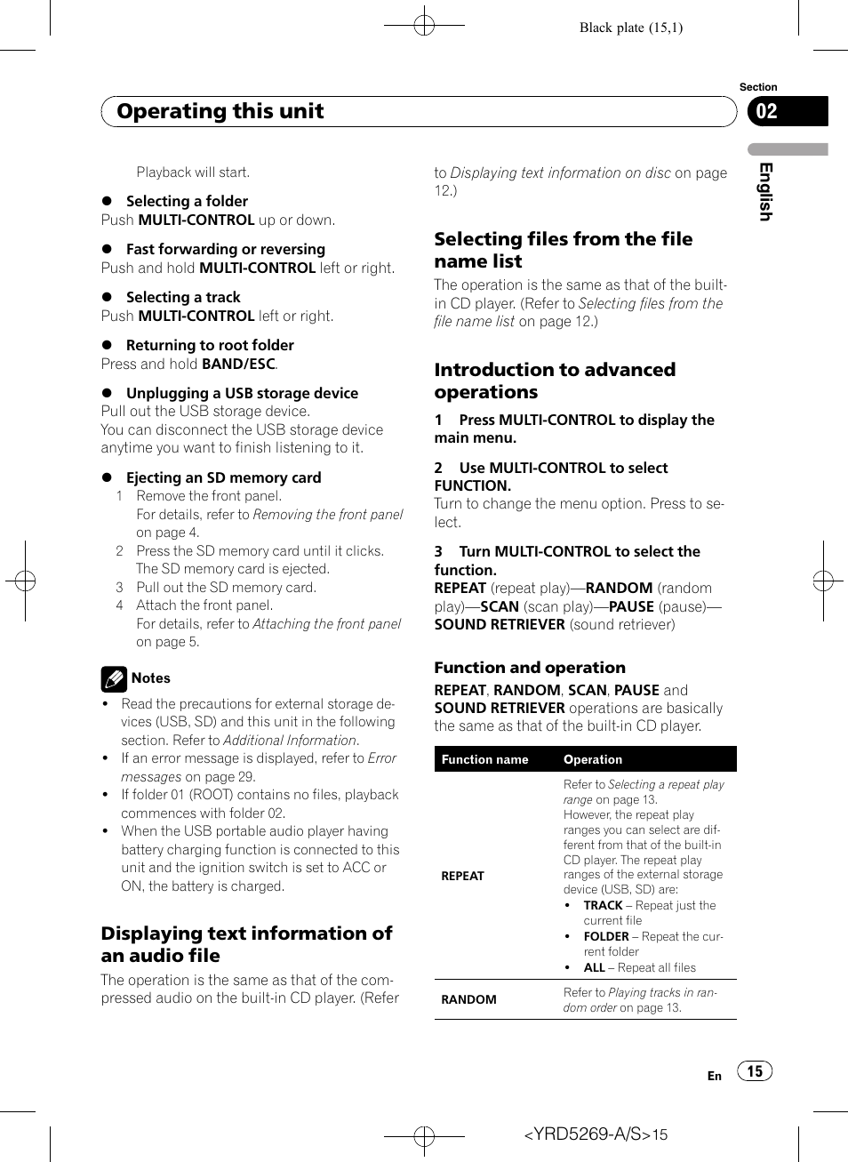 Displaying text information of an audio, File, Selecting files from the file name | List, Introduction to advanced, Operations, Operating this unit, Displaying text information of an audio file, Selecting files from the file name list, Introduction to advanced operations | Pioneer Super Tuner III D DEH-3100UB User Manual | Page 15 / 112
