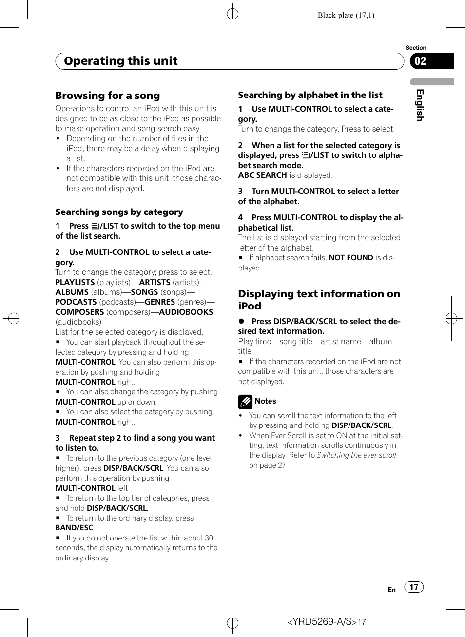 Browsing for a song 17, Displaying text information on, Ipod | Operating this unit, Browsing for a song, Displaying text information on ipod | Pioneer Super Tuner III D DEH-3100UB User Manual | Page 17 / 112