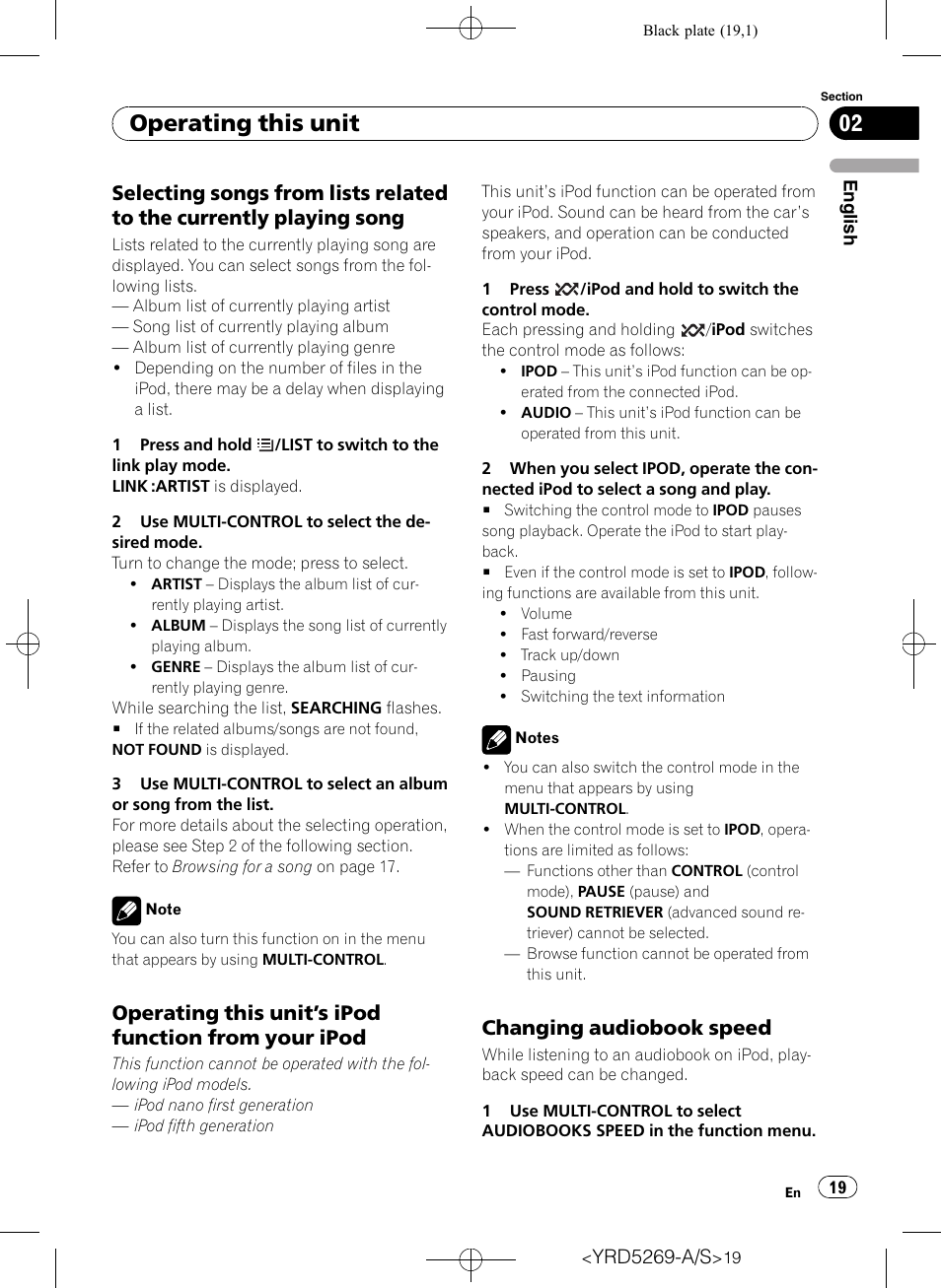 Selecting songs from lists related to the, Currently playing song, Operating this unit’s ipod function | From your ipod, Changing audiobook speed 19, Operating this unit, S ipod function from your, Changing audiobook speed | Pioneer Super Tuner III D DEH-3100UB User Manual | Page 19 / 112