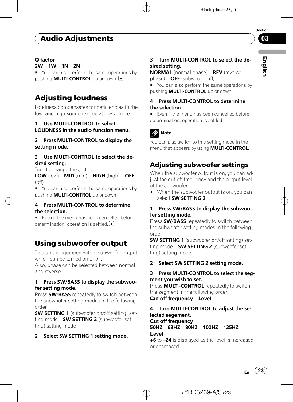 Adjusting loudness, Using subwoofer output, Adjusting subwoofer settings 23 | Audio adjustments, Adjusting subwoofer settings | Pioneer Super Tuner III D DEH-3100UB User Manual | Page 23 / 112