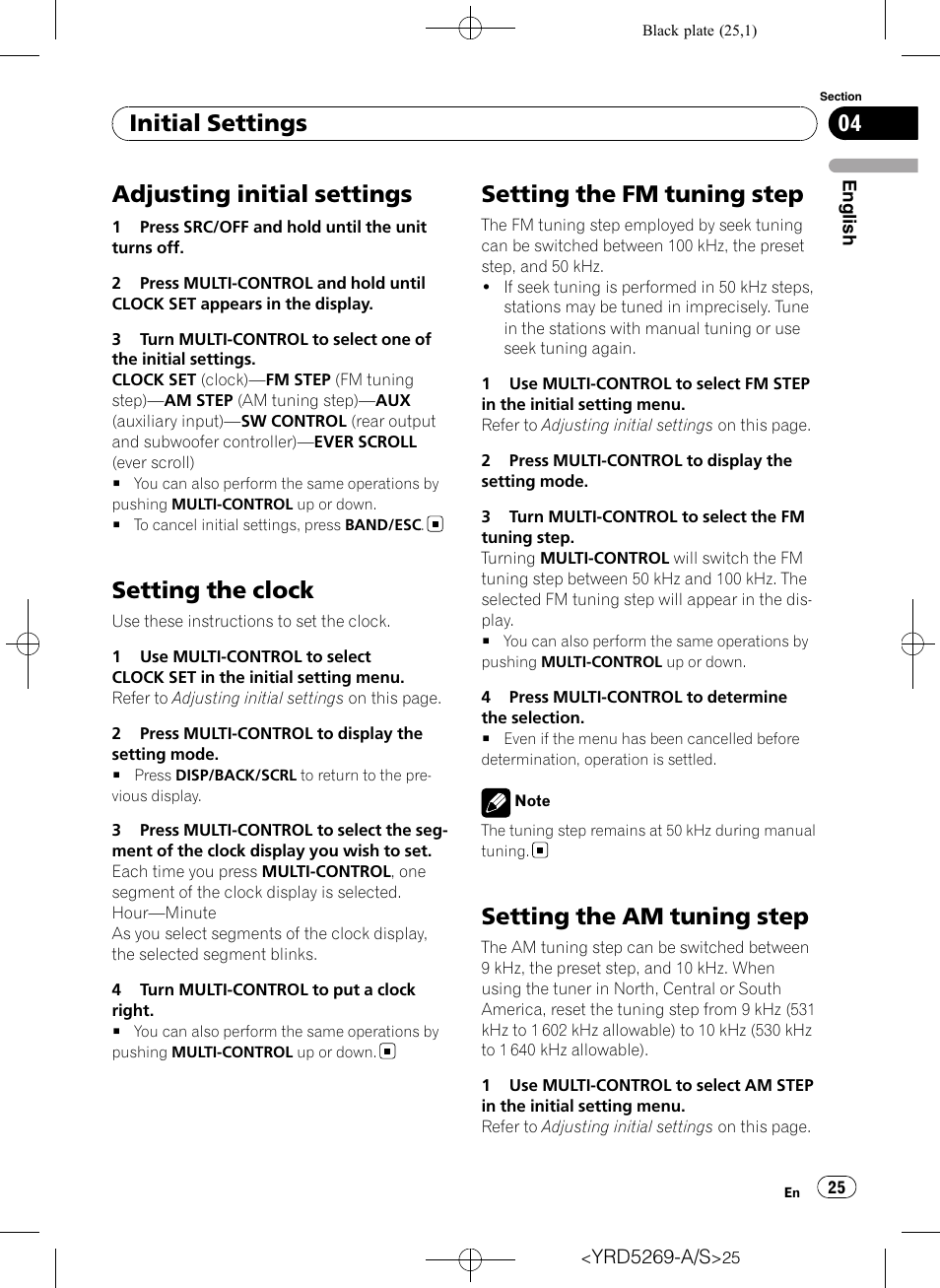 Initial settings adjusting initial settings, Setting the clock, Setting the fm tuning step | Setting the am tuning step, Adjusting initial settings, Initial settings | Pioneer Super Tuner III D DEH-3100UB User Manual | Page 25 / 112