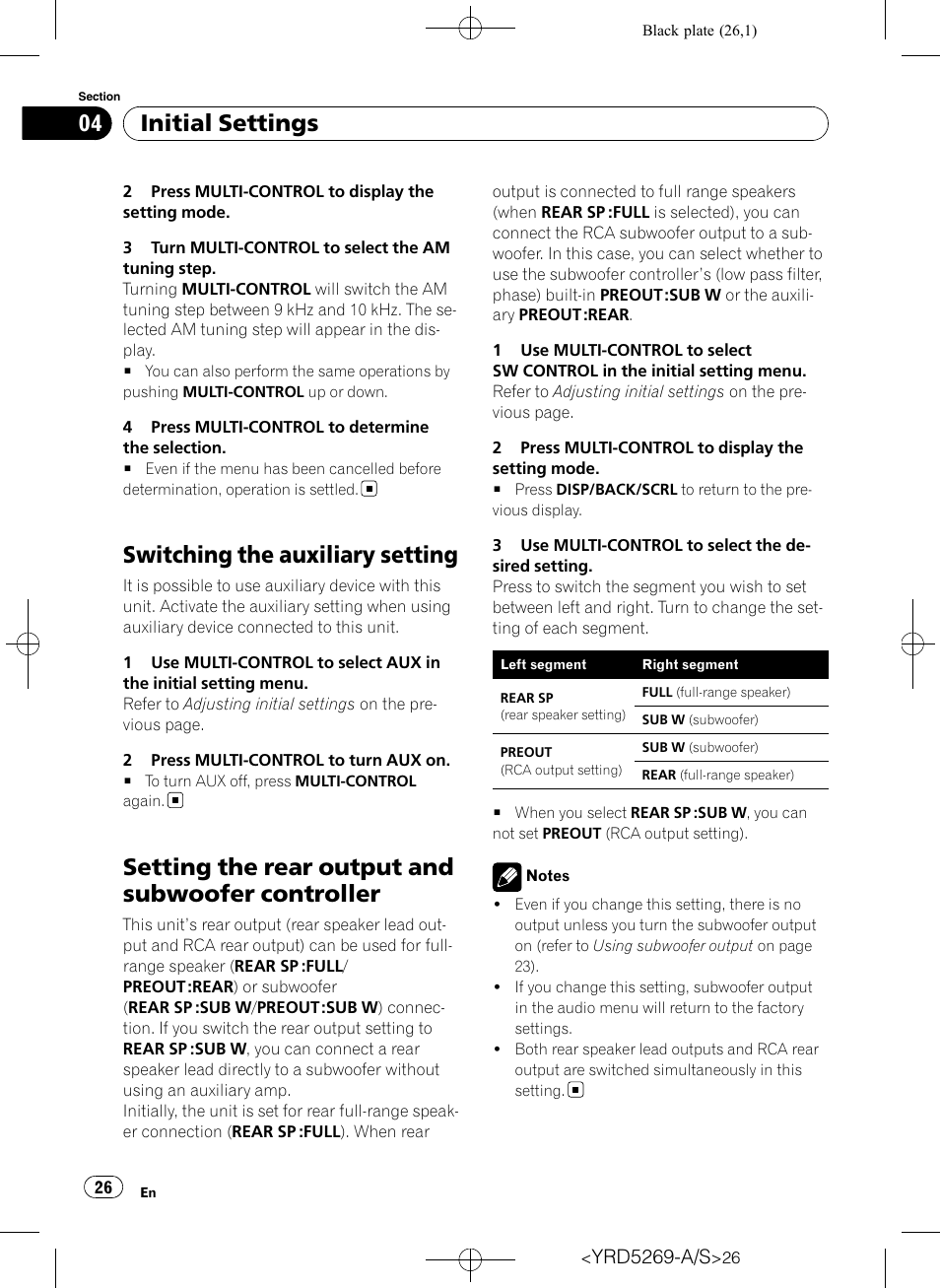 Switching the auxiliary setting, Setting the rear output and subwoofer, Controller | Setting the rear output and subwoofer controller, Initial settings | Pioneer Super Tuner III D DEH-3100UB User Manual | Page 26 / 112