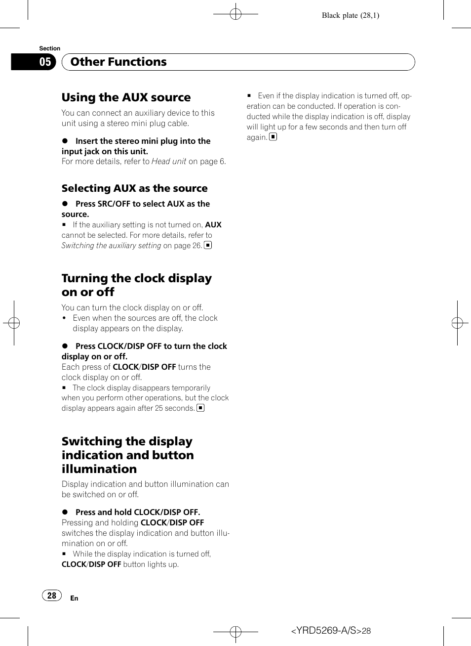 Other functions using the aux source, Selecting aux as the source 28, Turning the clock display on or off | Switching the display indication and button, Illumination, Using the aux source, Other functions | Pioneer Super Tuner III D DEH-3100UB User Manual | Page 28 / 112