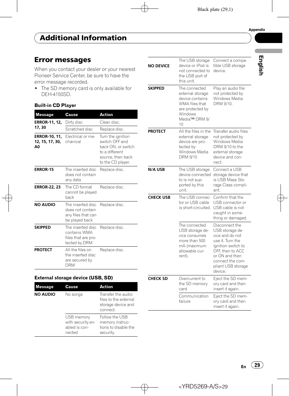 Additional information error messages, Ditional information, Additional information | Error, Error messages, Yrd5269-a/s, English | Pioneer Super Tuner III D DEH-3100UB User Manual | Page 29 / 112