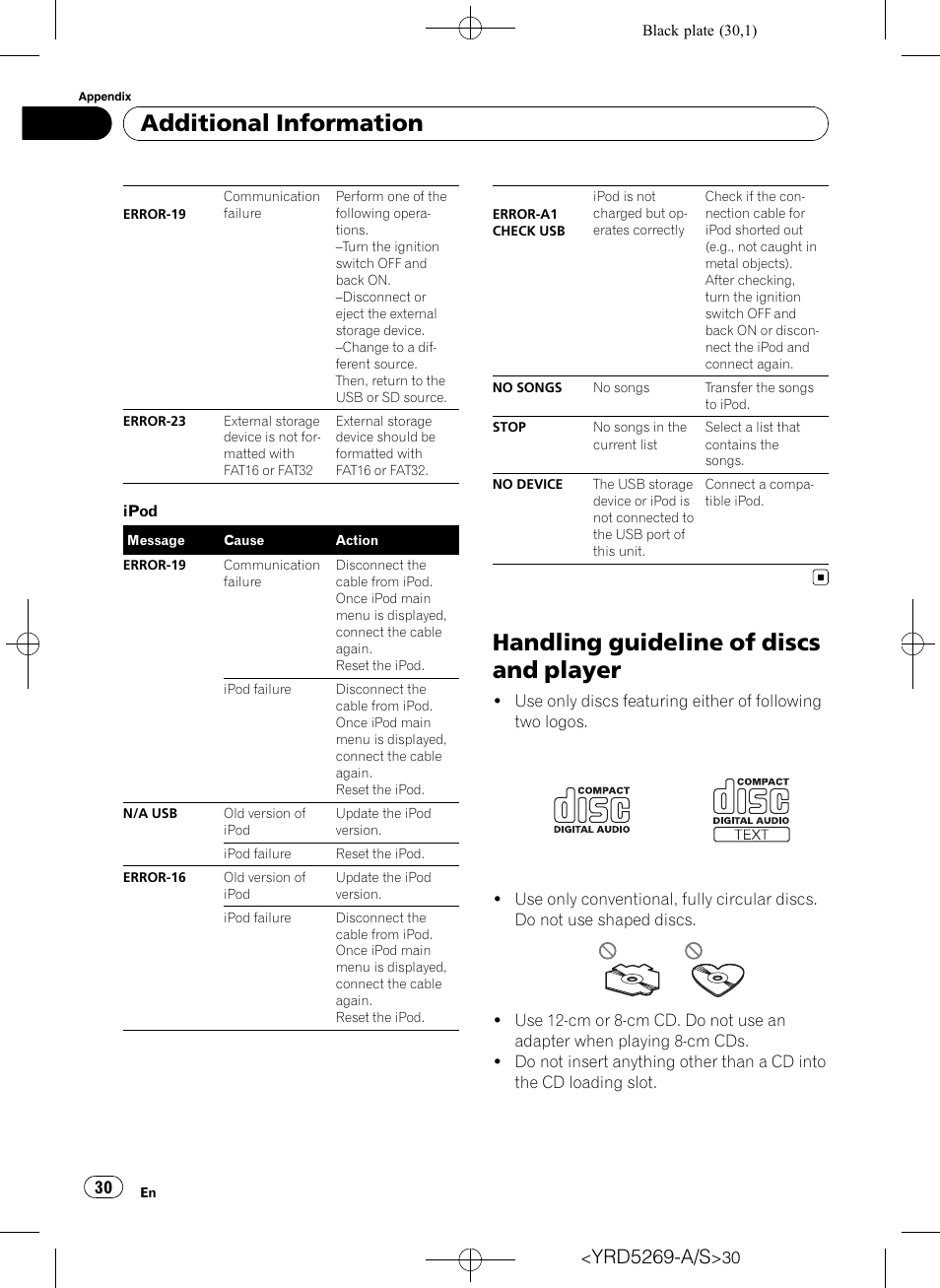 Handling guideline of discs and player, Additional information, Yrd5269-a/s | Pioneer Super Tuner III D DEH-3100UB User Manual | Page 30 / 112