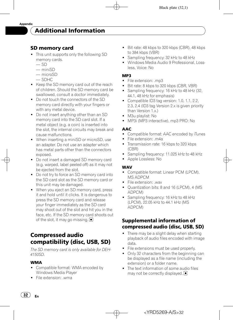 Sd memory card 32, Compressed audio compatibility (disc, usb, Supplemental information of | Compressed audio (disc, usb, sd), Compressed audio compatibility (disc, usb, sd), Additional information | Pioneer Super Tuner III D DEH-3100UB User Manual | Page 32 / 112