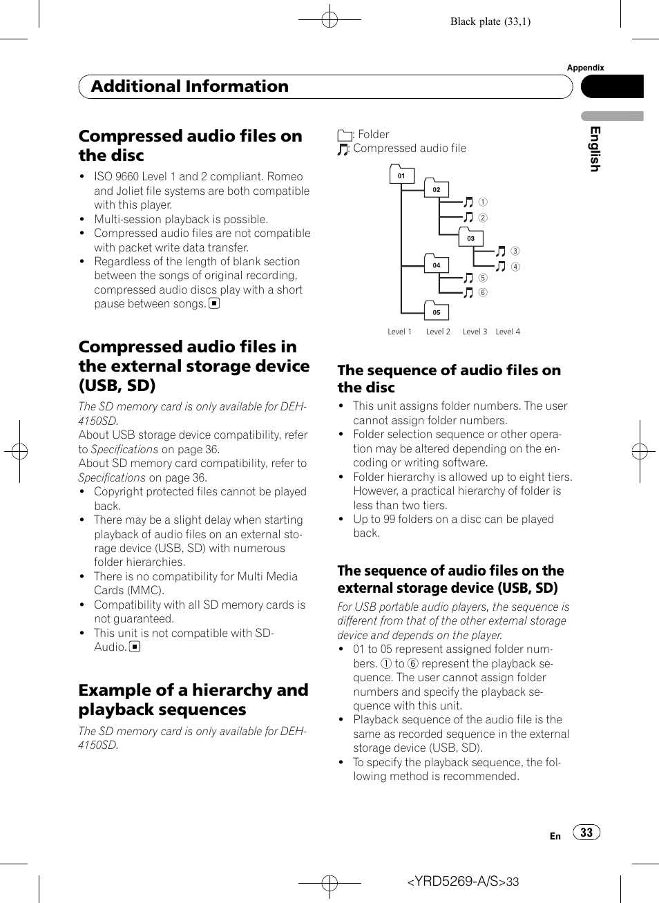 Compressed audio files on the disc, Compressed audio files in the external, Storage device (usb, sd) | Example of a hierarchy and playback, Sequences, The sequence of audio files on the, Disc, External storage device (usb, sd), Example of a hierarchy and playback sequences, Additional information | Pioneer Super Tuner III D DEH-3100UB User Manual | Page 33 / 112