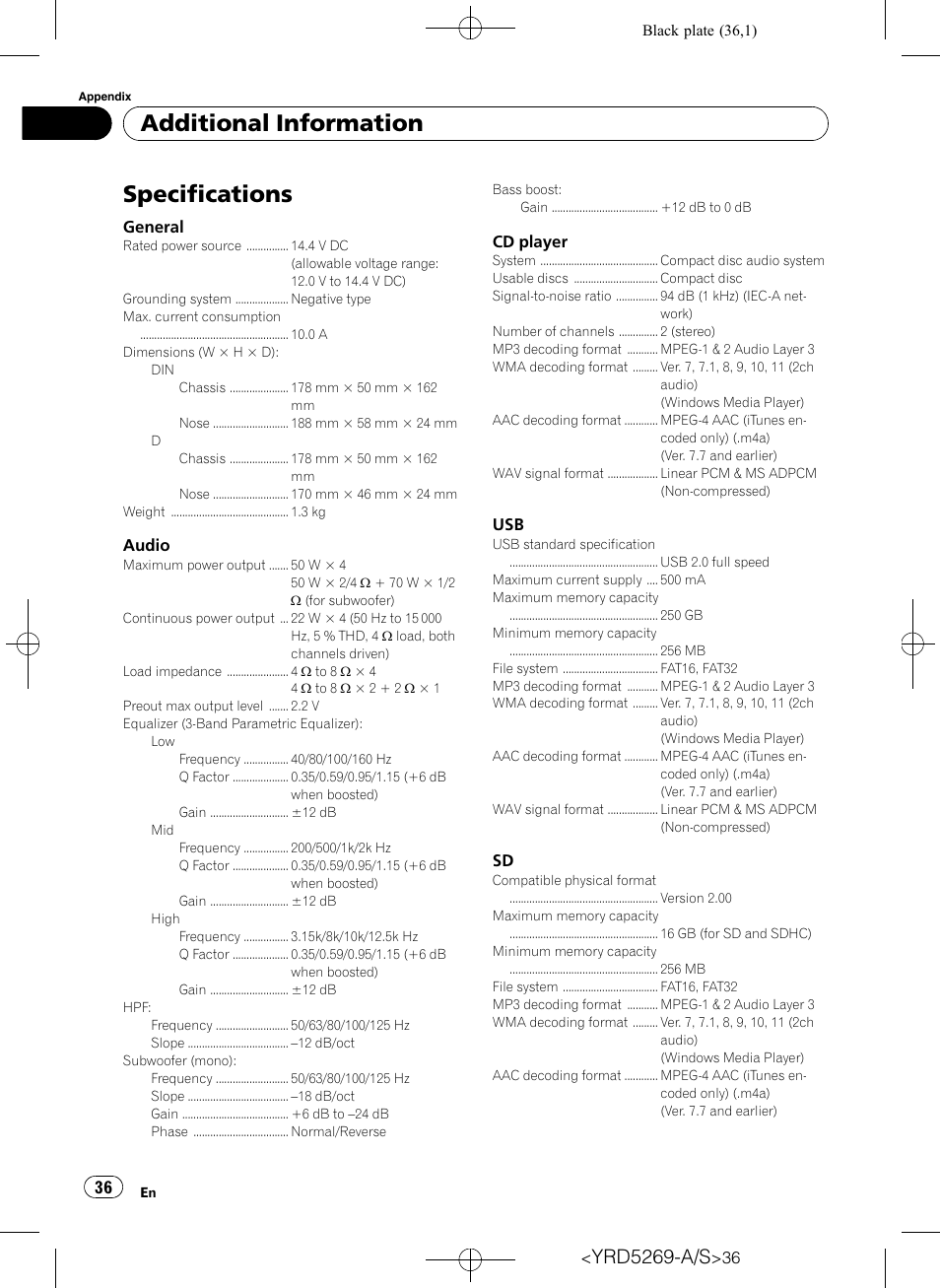 Specifications, Additional information, Yrd5269-a/s | Pioneer Super Tuner III D DEH-3100UB User Manual | Page 36 / 112