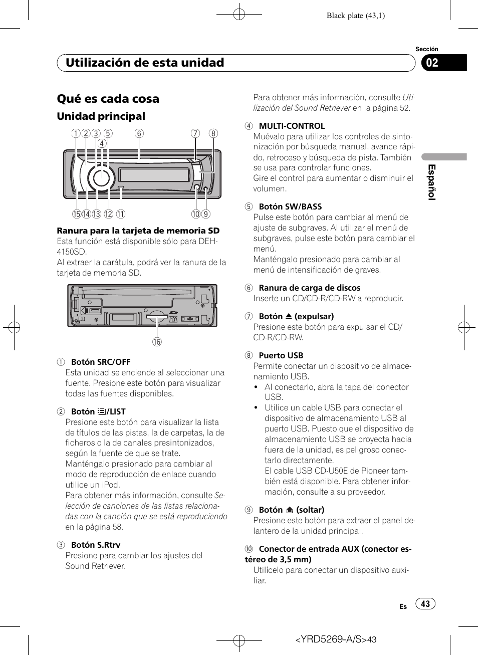 Utilización de esta unidad qué es cada cosa, Unidad principal 43, Qué es cada cosa | Utilización de esta unidad | Pioneer Super Tuner III D DEH-3100UB User Manual | Page 43 / 112