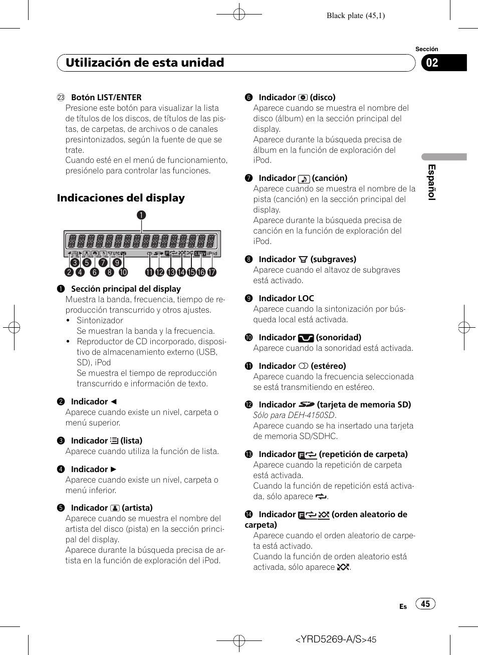 Indicaciones del display 45, Utilización de esta unidad | Pioneer Super Tuner III D DEH-3100UB User Manual | Page 45 / 112