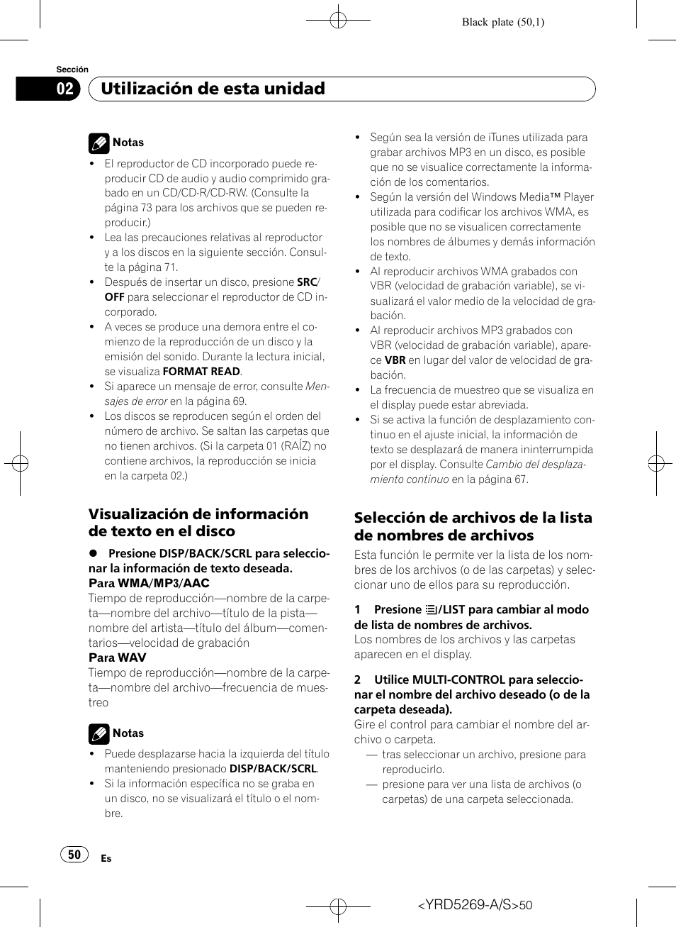 Visualización de información de texto, En el disco, Selección de archivos de la lista de | Nombres de archivos, Utilización de esta unidad, Visualización de información de texto en el disco | Pioneer Super Tuner III D DEH-3100UB User Manual | Page 50 / 112