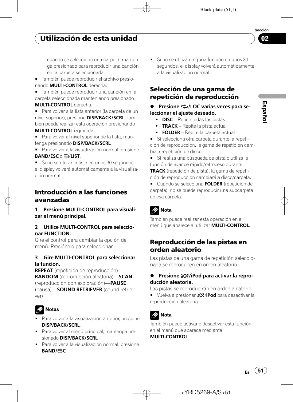 Introducción a las funciones, Avanzadas, Selección de una gama de repetición | De reproducción, Reproducción de las pistas en orden, Aleatorio, Utilización de esta unidad, Introducción a las funciones avanzadas, Reproducción de las pistas en orden aleatorio | Pioneer Super Tuner III D DEH-3100UB User Manual | Page 51 / 112