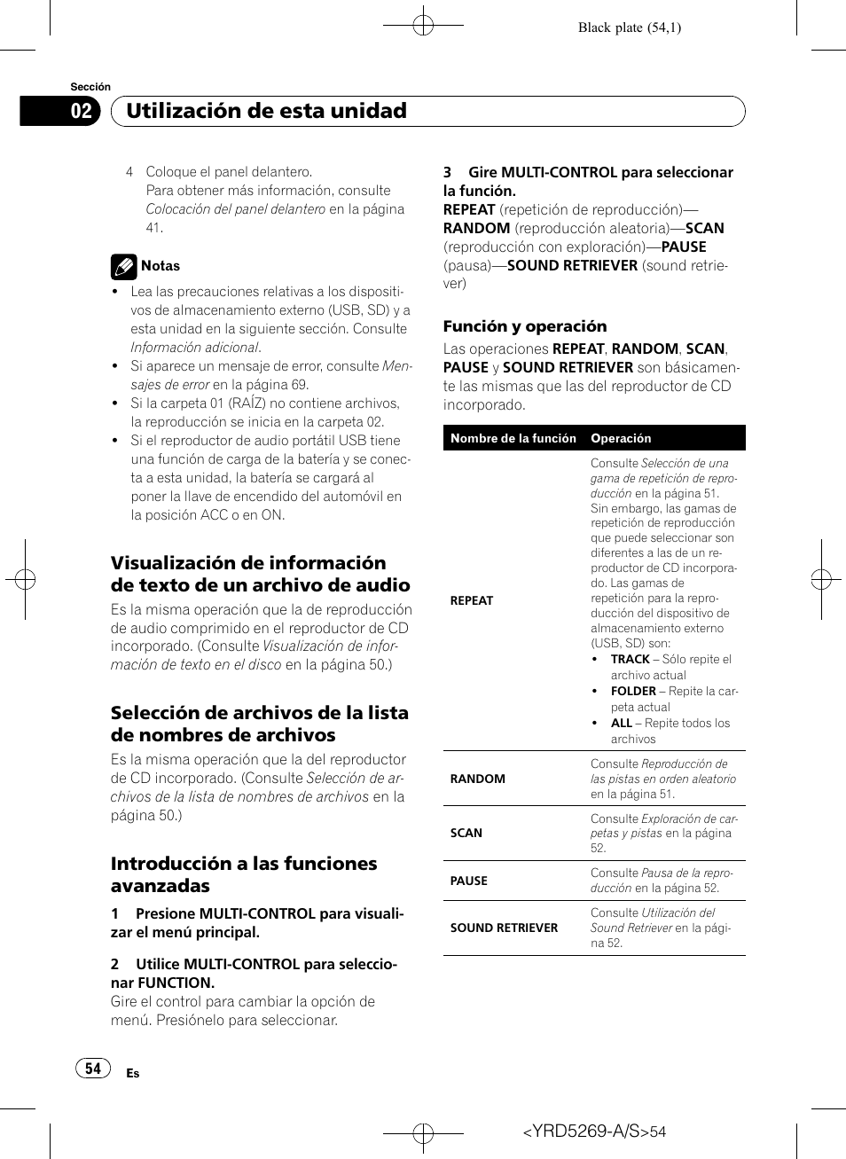 Visualización de información de texto, De un archivo de audio, Selección de archivos de la lista de | Nombres de archivos, Introducción a las funciones, Avanzadas, Utilización de esta unidad, Introducción a las funciones avanzadas, Yrd5269-a/s | Pioneer Super Tuner III D DEH-3100UB User Manual | Page 54 / 112