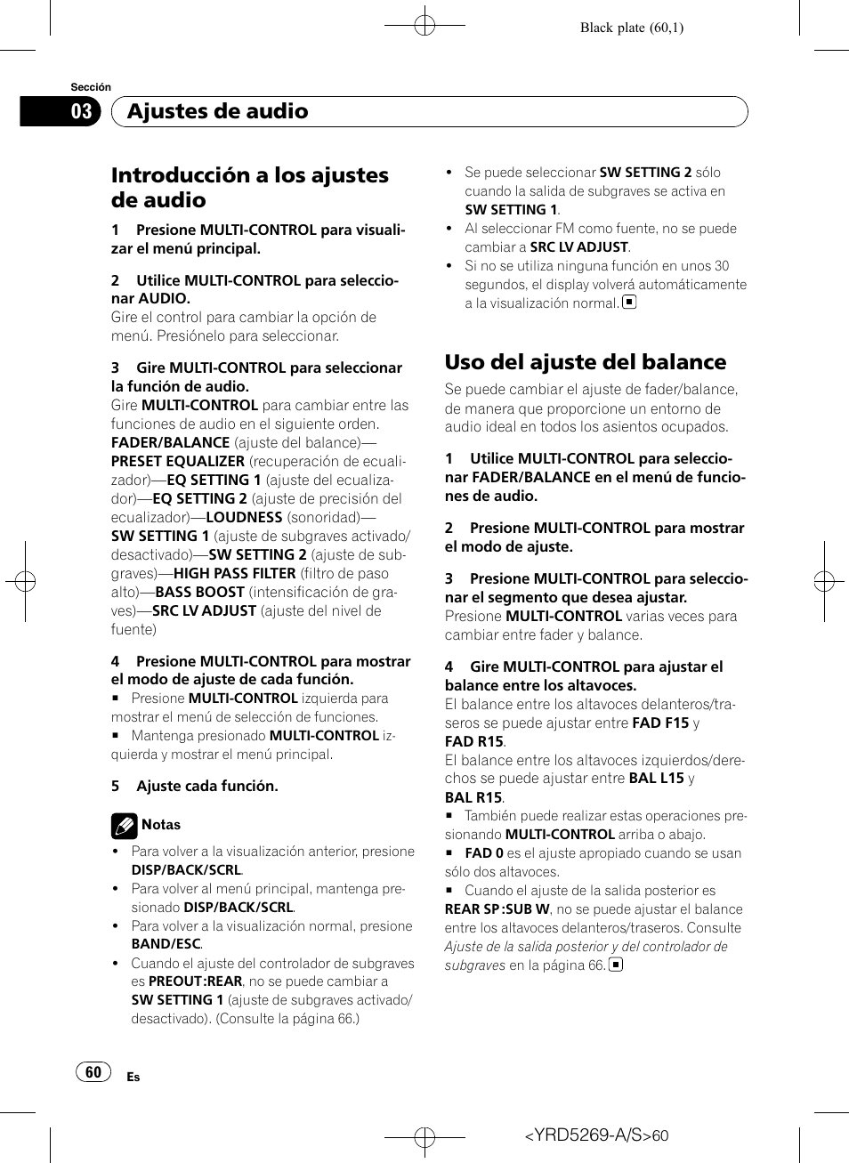 Uso del ajuste del balance, Introducción a los ajustes de audio, Ajustes de audio | Pioneer Super Tuner III D DEH-3100UB User Manual | Page 60 / 112