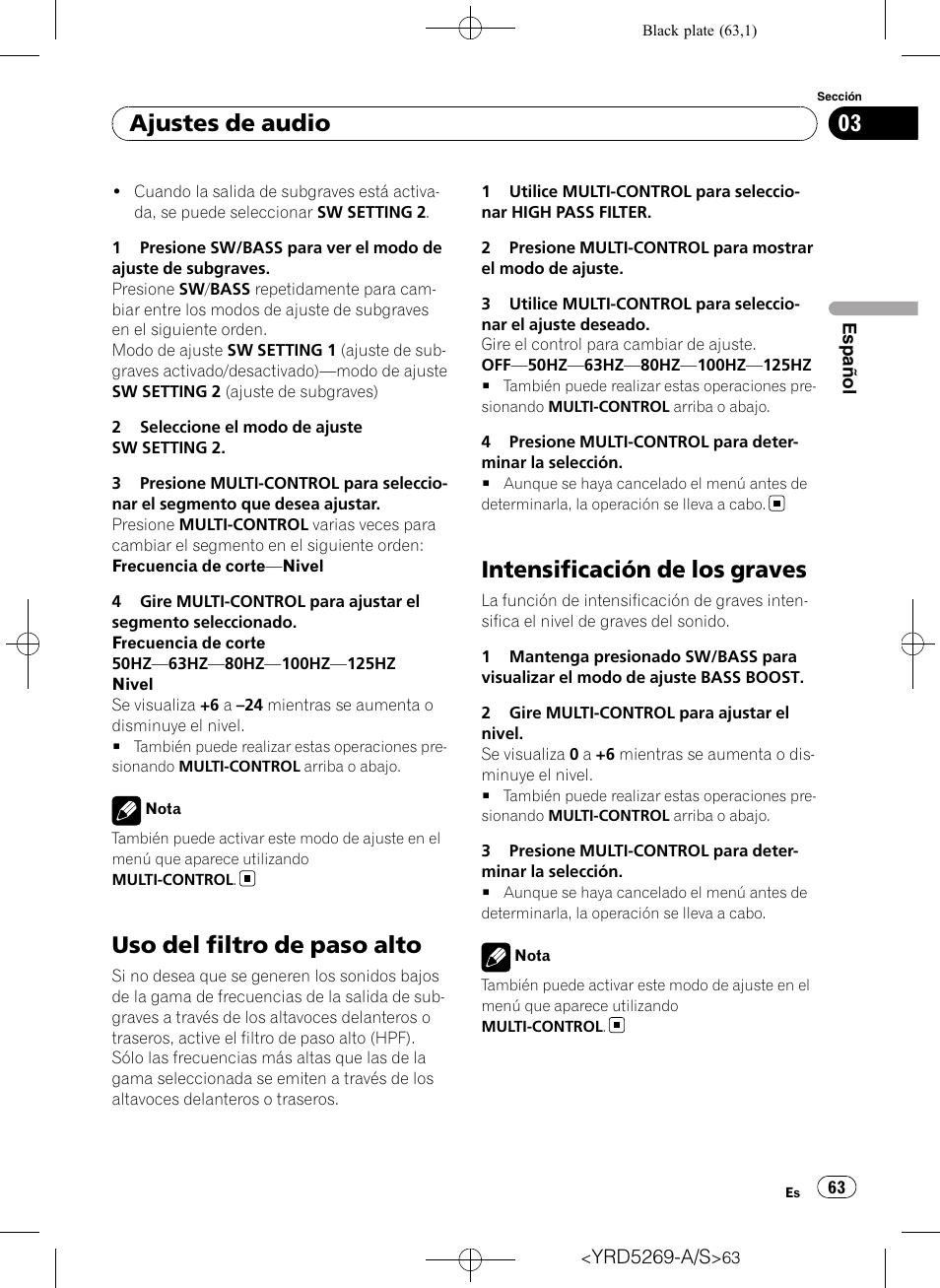 Uso del filtro de paso alto, Intensificación de los graves, Ajustes de audio | Pioneer Super Tuner III D DEH-3100UB User Manual | Page 63 / 112