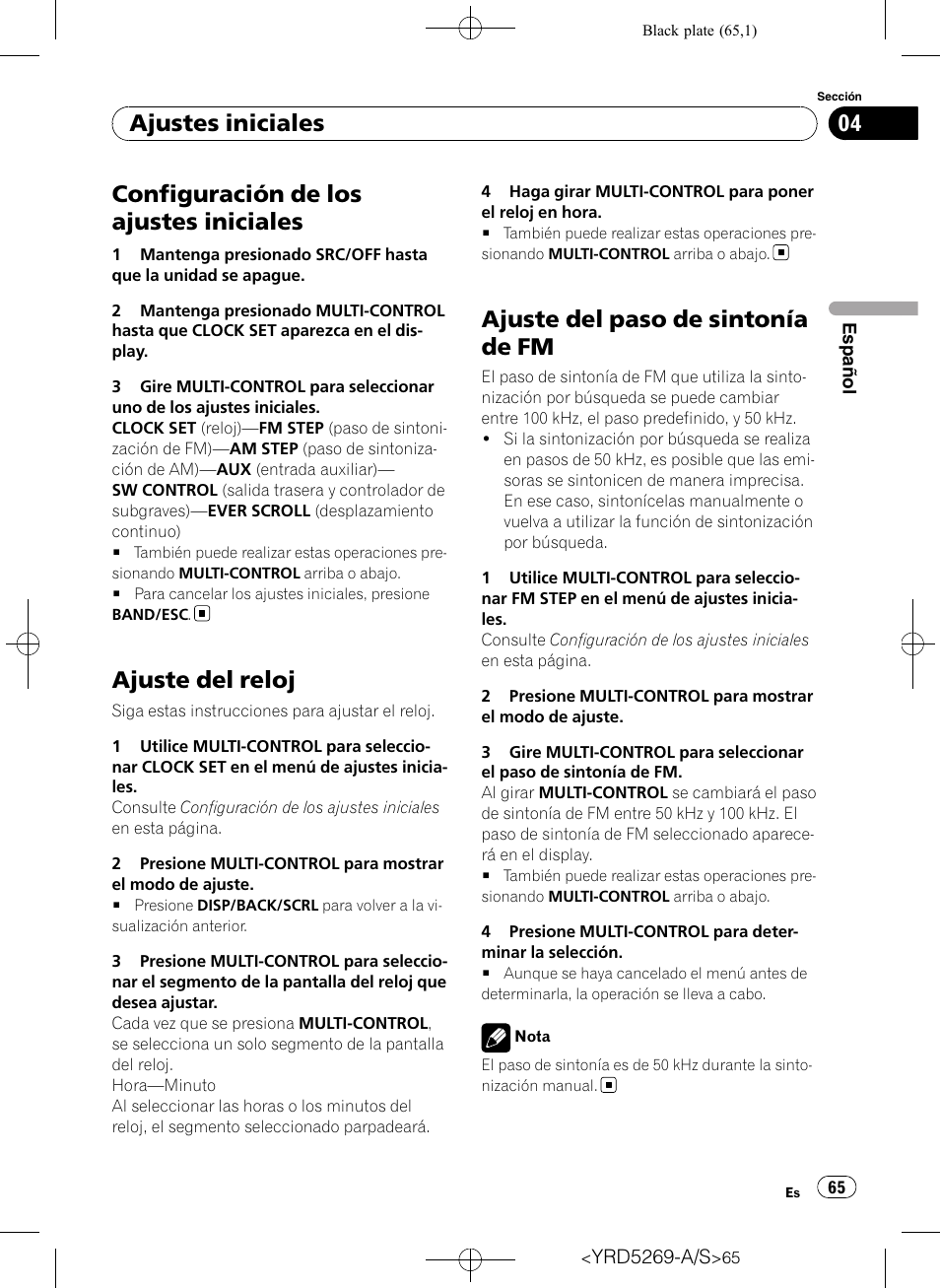 Ajuste del reloj, Ajuste del paso de sintonía de fm, Configuración de los ajustes iniciales | Ajustes iniciales | Pioneer Super Tuner III D DEH-3100UB User Manual | Page 65 / 112