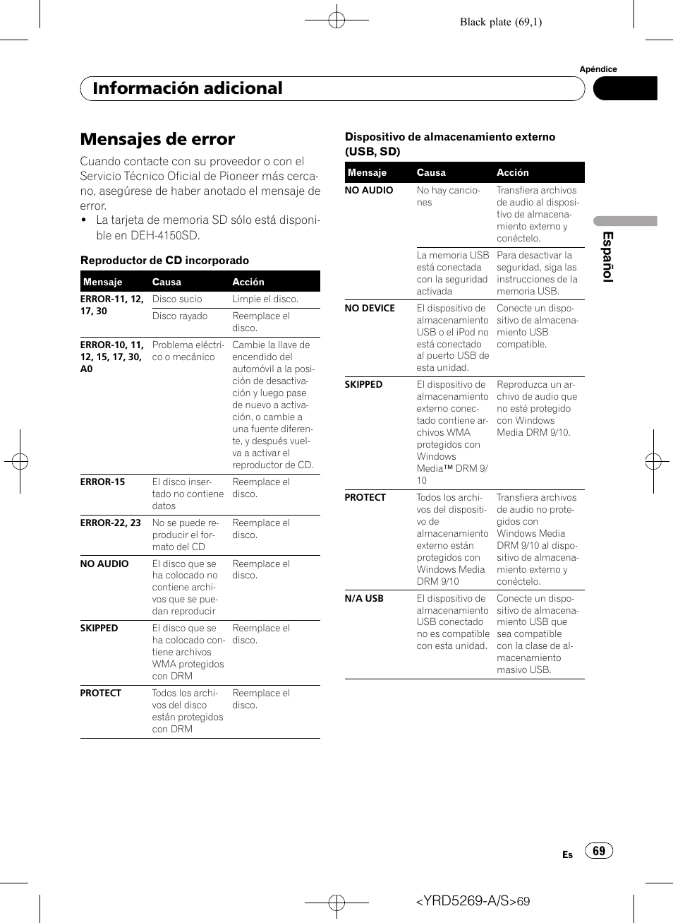 Información adicional mensajes de error, Información adi- cional, Información adicional | Mensajes de error, Yrd5269-a/s, Español | Pioneer Super Tuner III D DEH-3100UB User Manual | Page 69 / 112