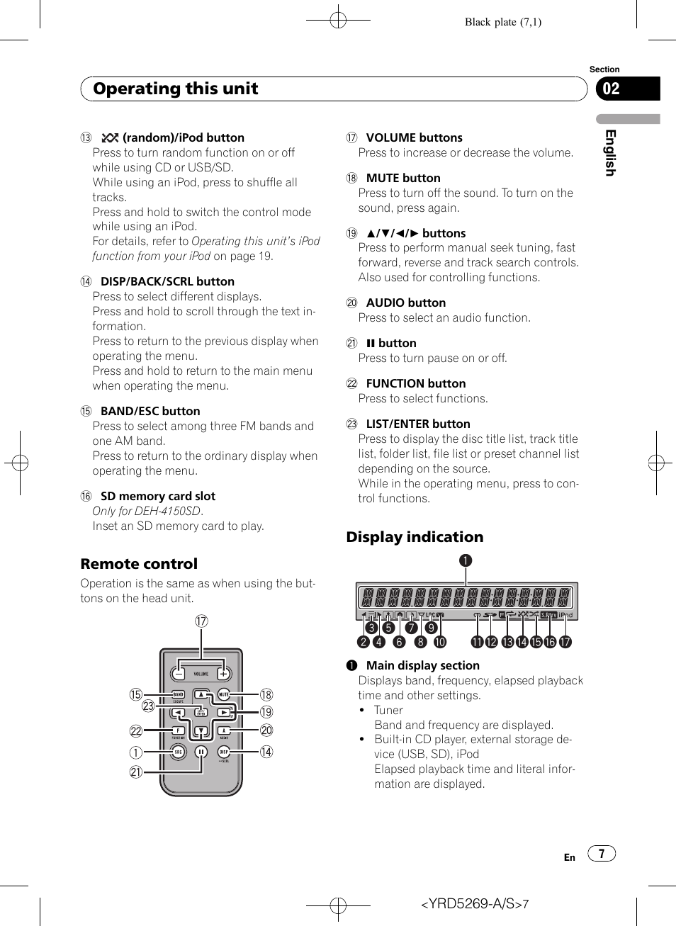 Remote control 7, Display indication 7, Operating this unit | Pioneer Super Tuner III D DEH-3100UB User Manual | Page 7 / 112