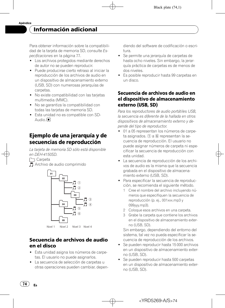 Ejemplo de una jerarquía y de secuencias de, Reproducción, Secuencia de archivos de audio en el | Disco, Dispositivo de almacenamiento externo (usb, sd), Información adicional, Secuencia de archivos de audio en el disco | Pioneer Super Tuner III D DEH-3100UB User Manual | Page 74 / 112