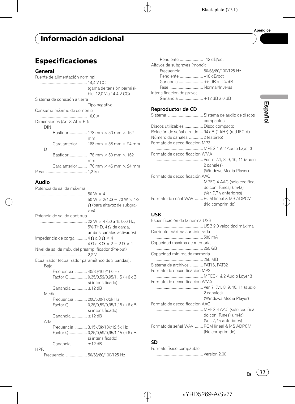 Especificaciones, Información adicional, Yrd5269-a/s | Español | Pioneer Super Tuner III D DEH-3100UB User Manual | Page 77 / 112