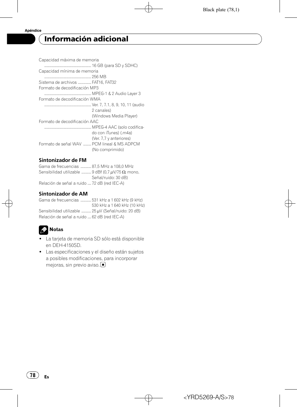 Información adicional, Yrd5269-a/s | Pioneer Super Tuner III D DEH-3100UB User Manual | Page 78 / 112