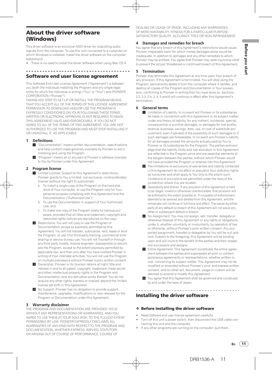 About the driver software (windows), Software end user license agreement, Installing the driver software | Pioneer DDJ-T1 User Manual | Page 11 / 32