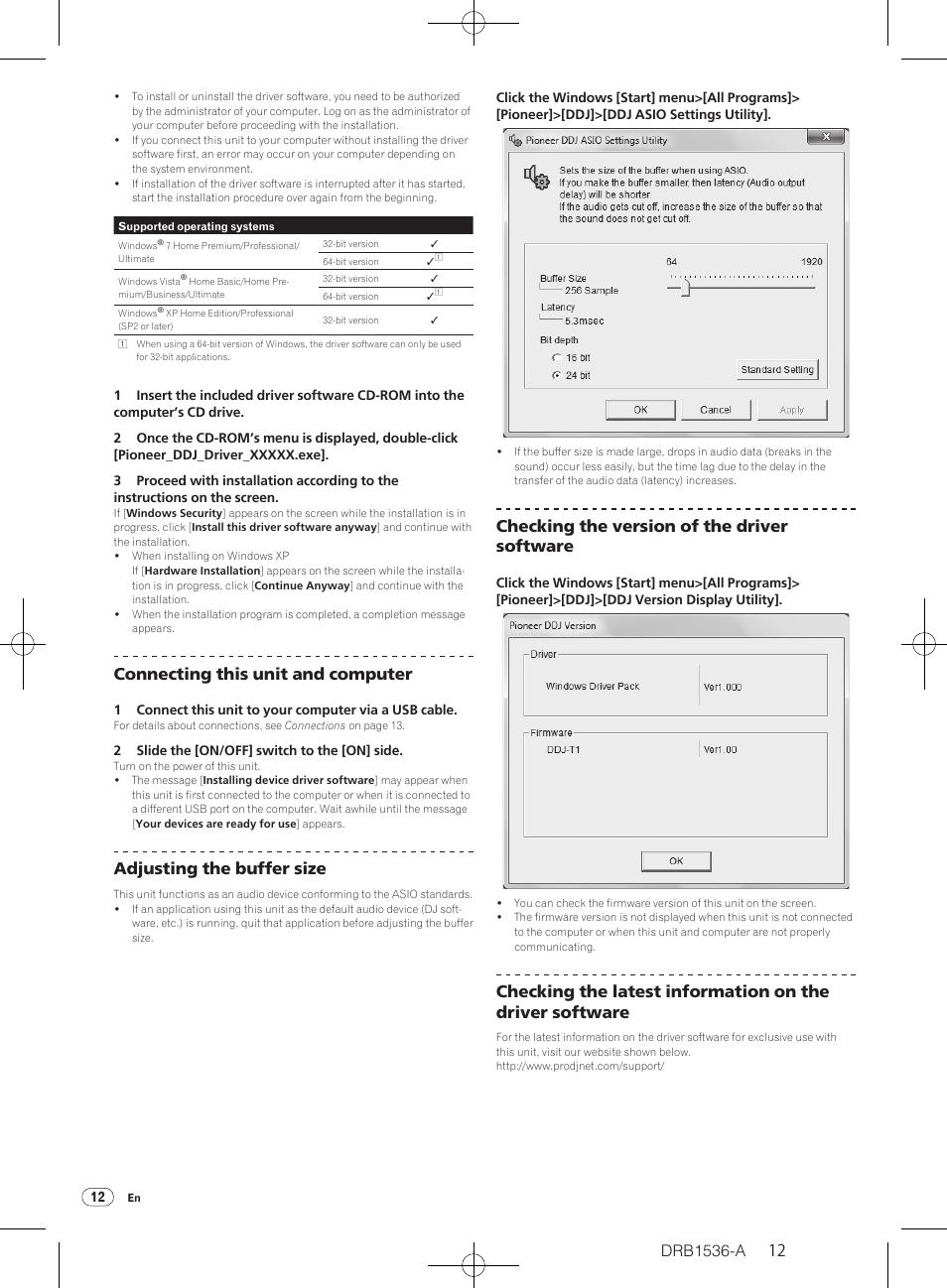 Connecting this unit and computer, Adjusting the buffer size, Checking the version of the driver software | Pioneer DDJ-T1 User Manual | Page 12 / 32