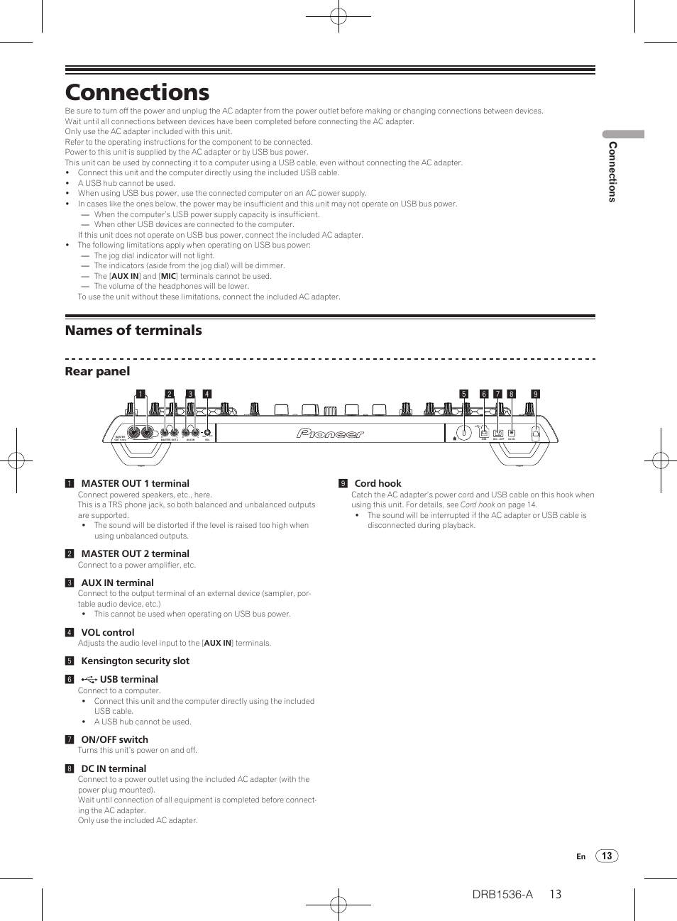 Connections, Names of terminals, Rear panel | 13 connections | Pioneer DDJ-T1 User Manual | Page 13 / 32