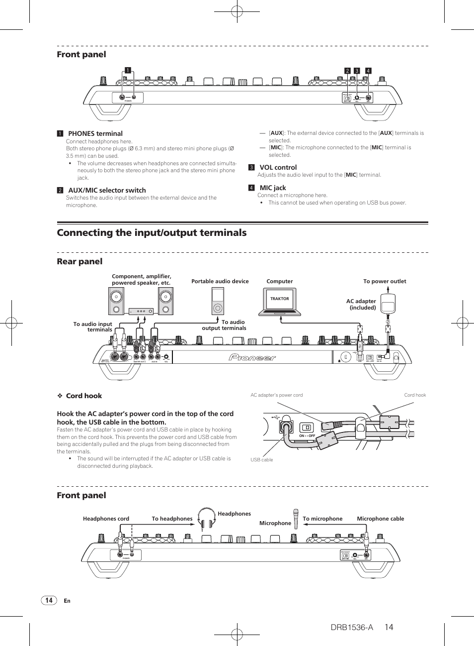 Connecting the input/ output terminals, Front panel, Rear panel | 2aux/ mic selector switch, 3vol control, 4mic jack | Pioneer DDJ-T1 User Manual | Page 14 / 32