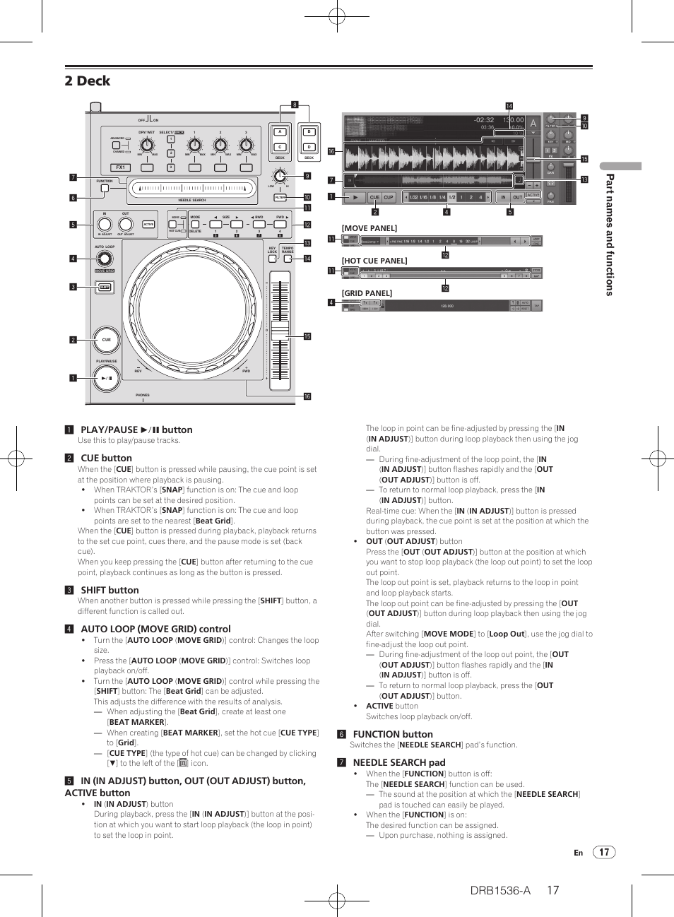 2 deck, 17 part names and functions, 1play/pause f button | 2cue button, 3shift button, 4auto loop (move grid) control, 6function button, 7needle search pad | Pioneer DDJ-T1 User Manual | Page 17 / 32