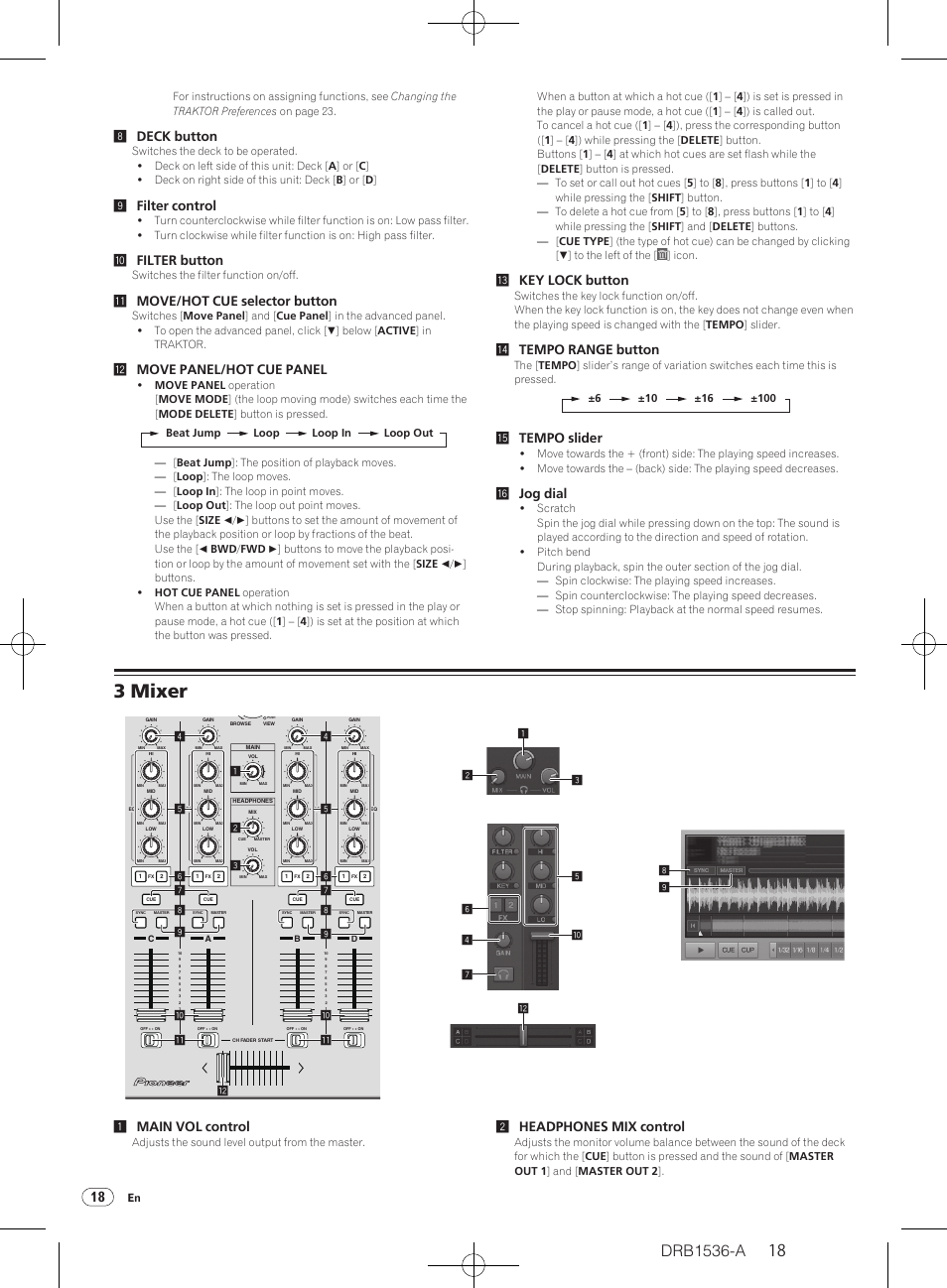 3 mixer, 8deck button, 9filter control | Afilter button, Bmove/ hot cue selector button, Cmove panel/ hot cue panel, Dkey lock button, Etempo range button, Ftempo slider, Gjog dial | Pioneer DDJ-T1 User Manual | Page 18 / 32