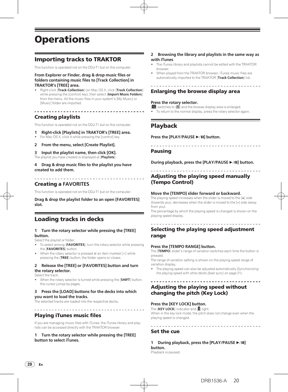 Operations, Importing tracks to traktor, Loading tracks in decks | Playback | Pioneer DDJ-T1 User Manual | Page 20 / 32