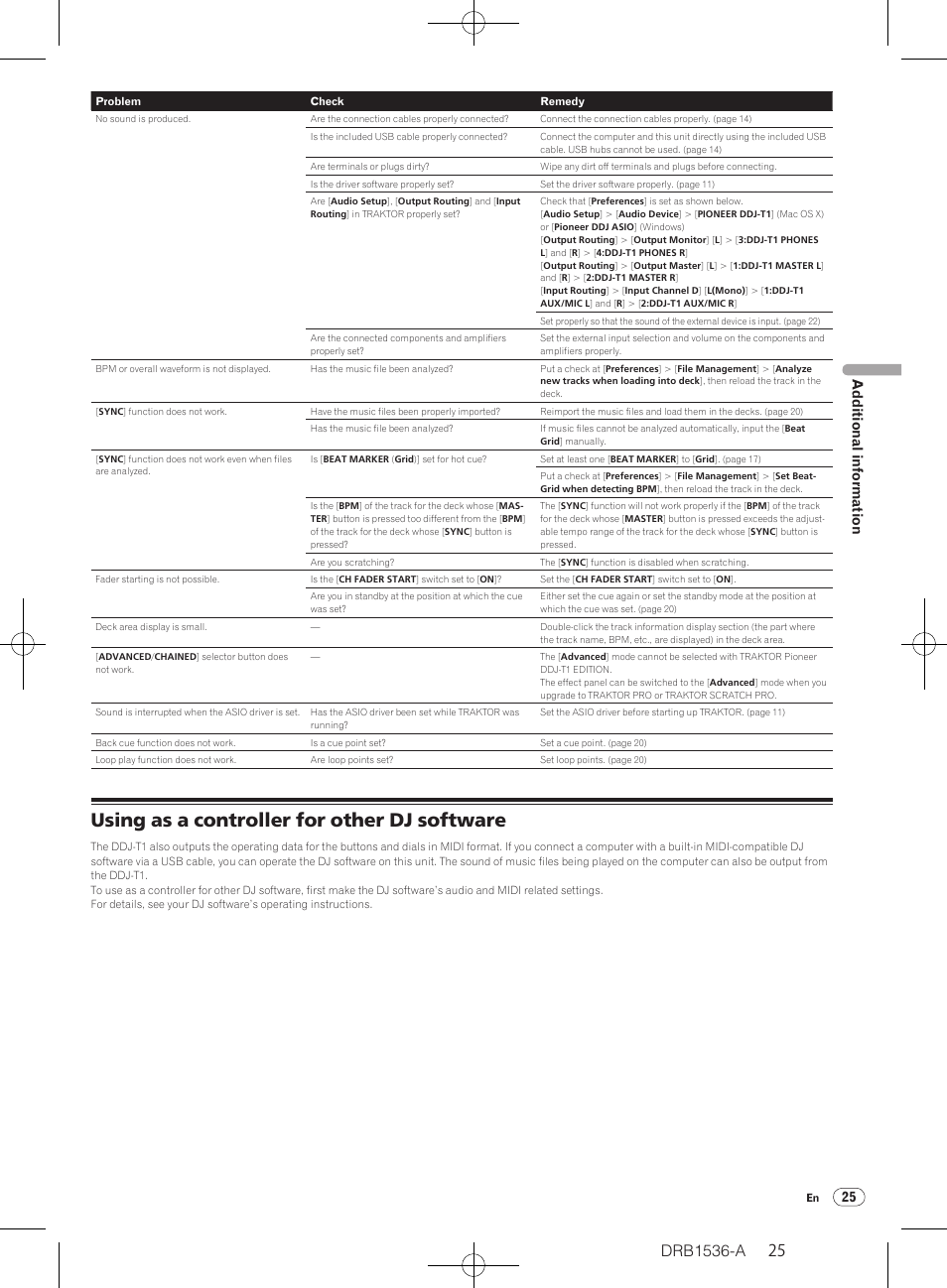 Using as a controller for other dj software, 25 additional information | Pioneer DDJ-T1 User Manual | Page 25 / 32