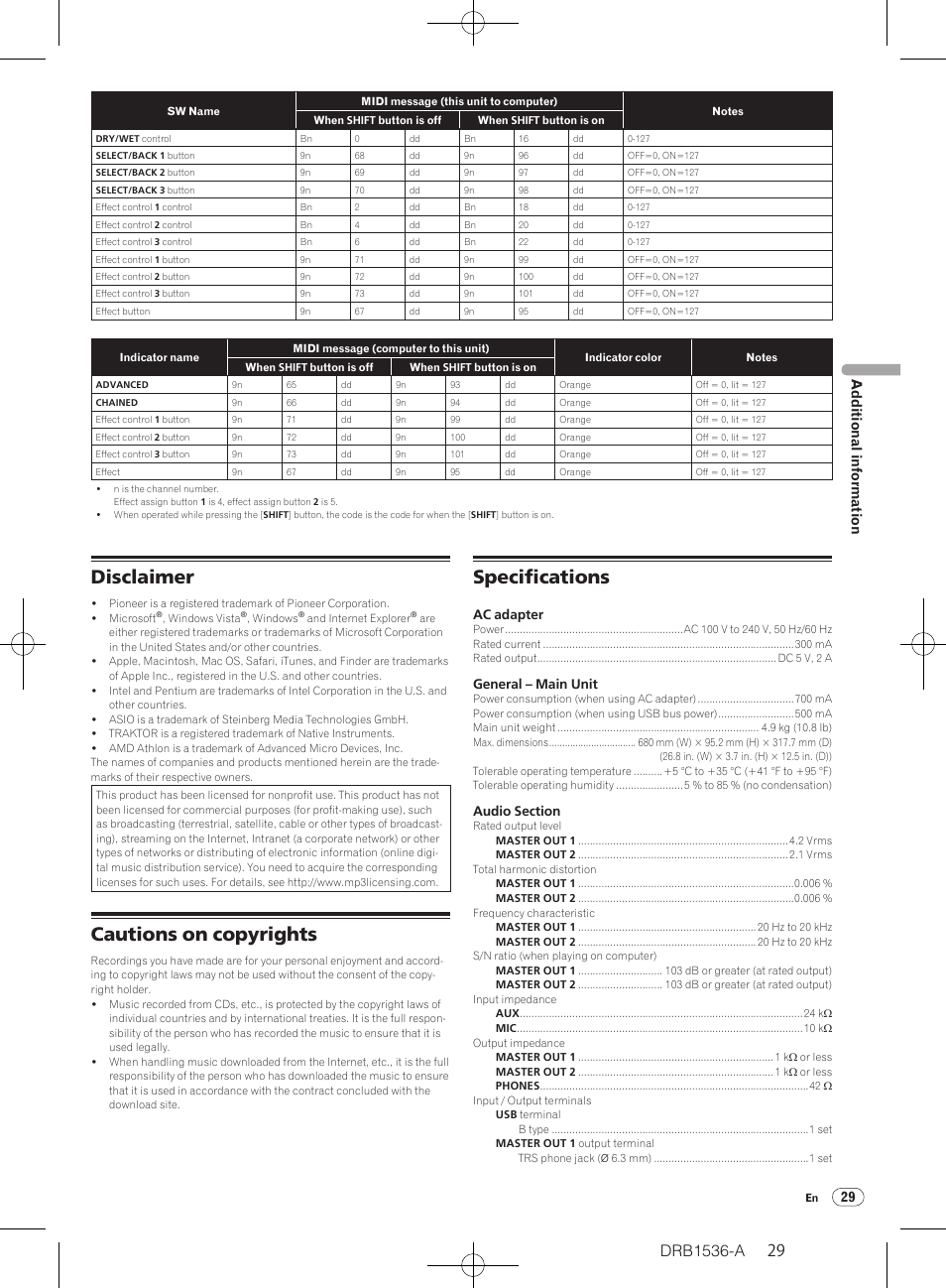 Disclaimer cautions on copyrights specifications, Disclaimer, Cautions on copyrights | Specifications, 29 additional information | Pioneer DDJ-T1 User Manual | Page 29 / 32