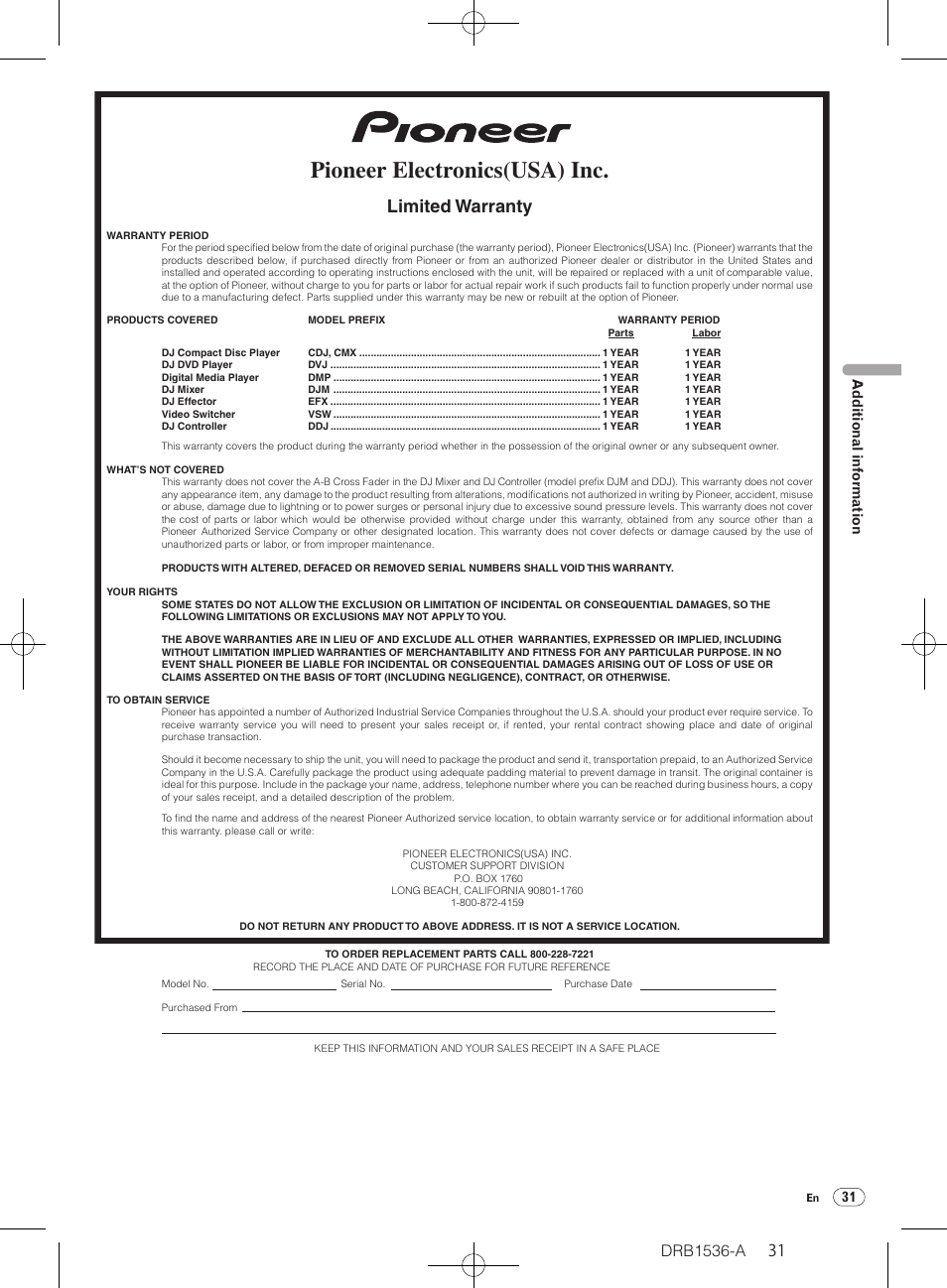 Pioneer electronics(usa) inc, Limited warranty, 31 additional information | Pioneer DDJ-T1 User Manual | Page 31 / 32