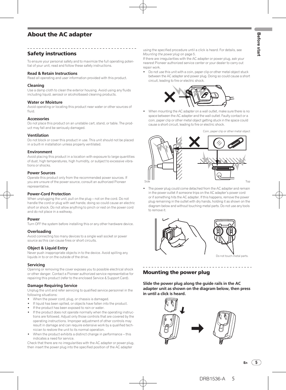 About the ac adapter, Safety instructions, Mounting the power plug | Pioneer DDJ-T1 User Manual | Page 5 / 32
