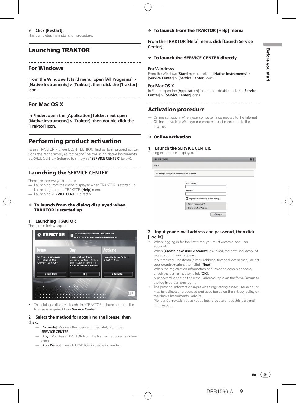 Launching traktor performing product activation, Launching traktor, Performing product activation | For windows, For mac os x, Launching the service center, Activation procedure | Pioneer DDJ-T1 User Manual | Page 9 / 32