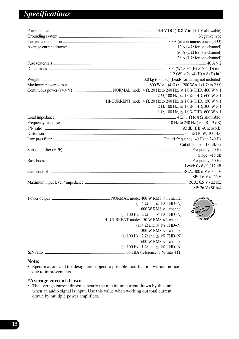 Specifications | Pioneer PRS-D1000M User Manual | Page 16 / 50