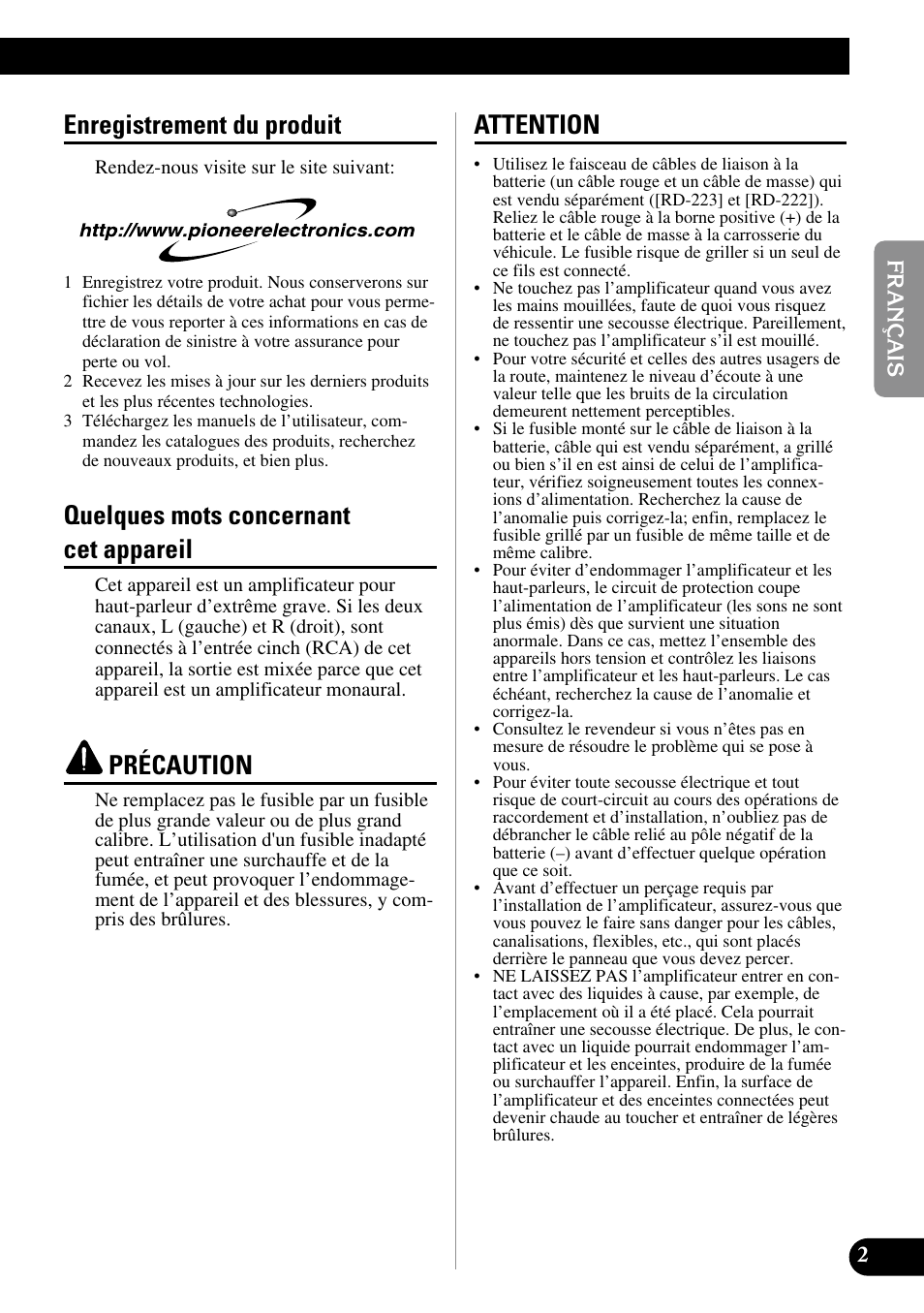 Enregistrement du produit quelques mots concernant, Cet appareil, Précaution attention | Enregistrement du produit, Quelques mots concernant cet appareil, Précaution, Attention | Pioneer PRS-D1000M User Manual | Page 19 / 50