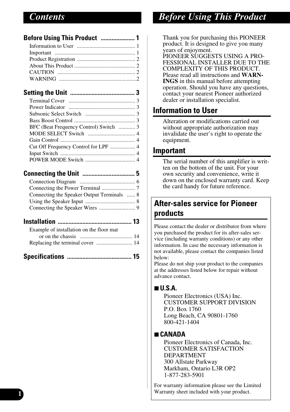 Contents before using this product, Information to user, Important | After-sales service for pioneer products | Pioneer PRS-D1000M User Manual | Page 2 / 50