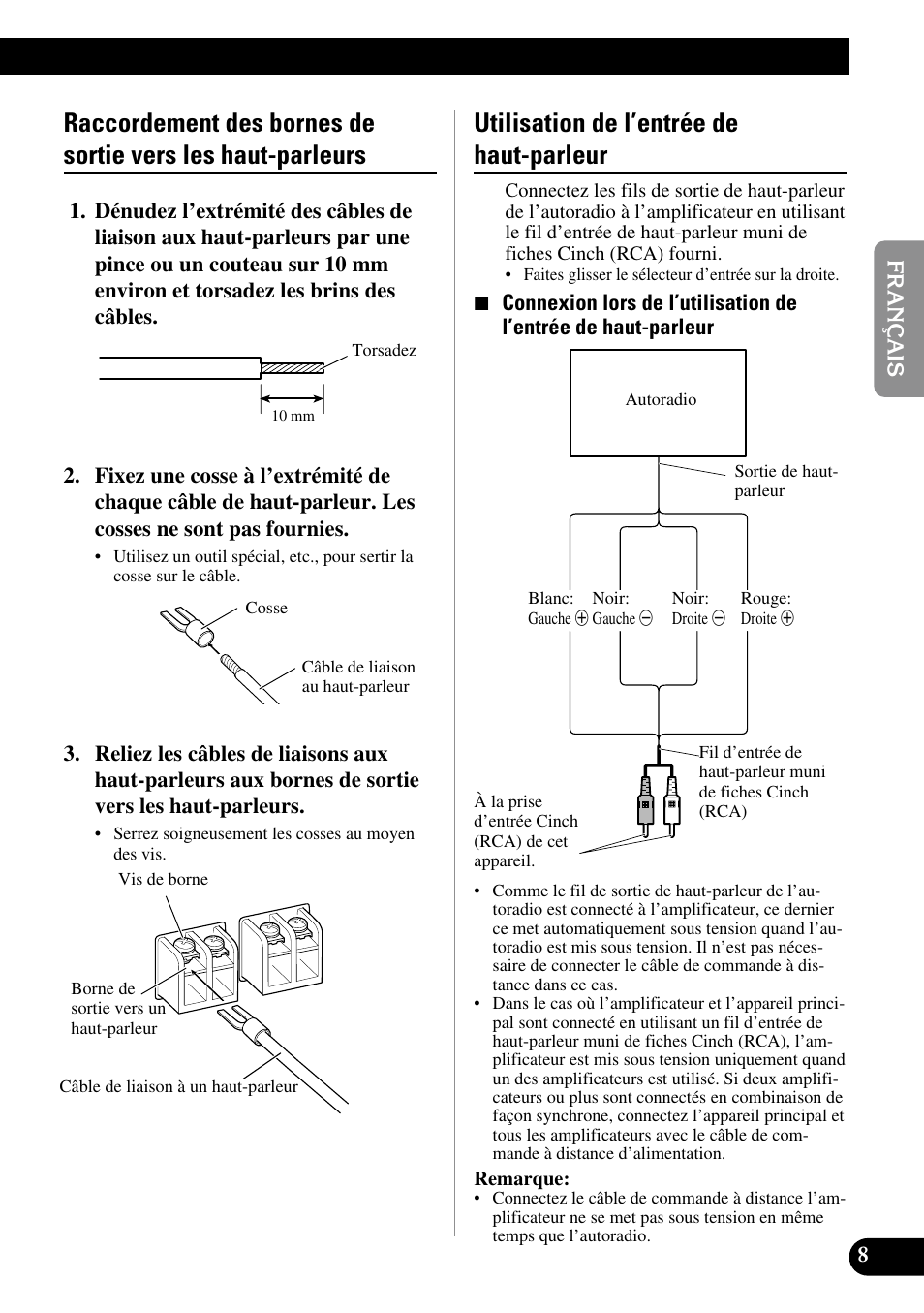 Raccordement des bornes de sortie vers, Les haut-parleurs, Utilisation de l’entrée de haut-parleur | Pioneer PRS-D1000M User Manual | Page 25 / 50